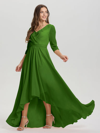 Flowy 3/4 Sleeves V-Neck Asymmetrical High Low Chiffon Bridesmaid Dress