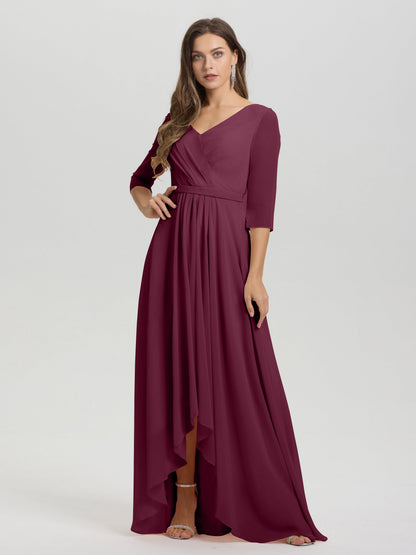 Flowy 3/4 Sleeves V-Neck Asymmetrical High Low Chiffon Bridesmaid Dress