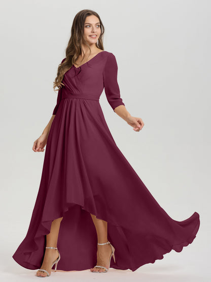 Flowy 3/4 Sleeves V-Neck Asymmetrical High Low Chiffon Bridesmaid Dress