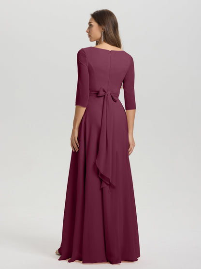 Flowy 3/4 Sleeves V-Neck Asymmetrical High Low Chiffon Bridesmaid Dress