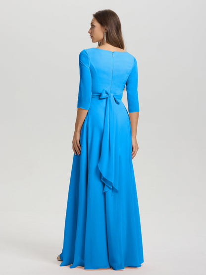 Flowy 3/4 Sleeves V-Neck Asymmetrical High Low Chiffon Bridesmaid Dress