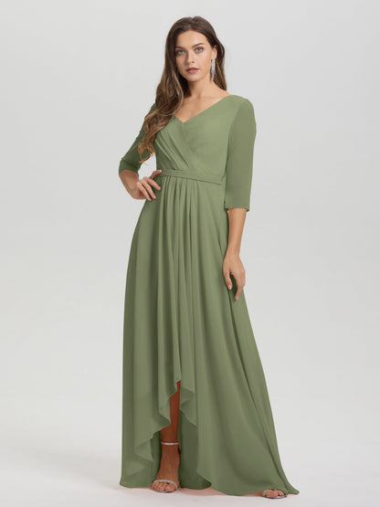Flowy 3/4 Sleeves V-Neck Asymmetrical High Low Chiffon Bridesmaid Dress