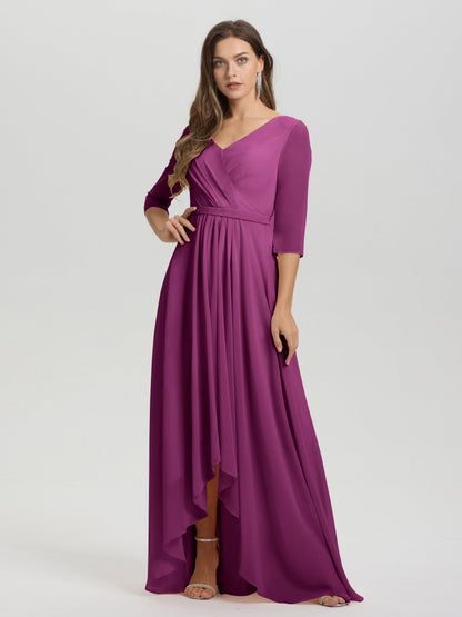 Flowy 3/4 Sleeves V-Neck Asymmetrical High Low Chiffon Bridesmaid Dress