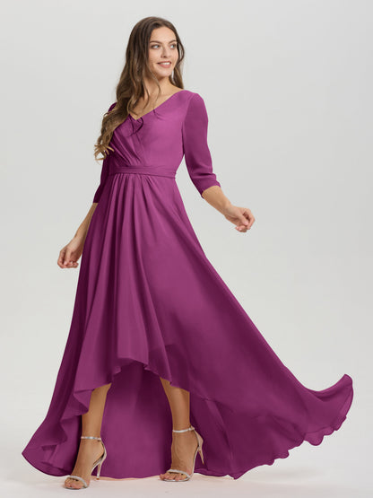 Flowy 3/4 Sleeves V-Neck Asymmetrical High Low Chiffon Bridesmaid Dress