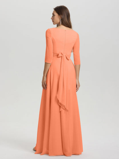 Flowy 3/4 Sleeves V-Neck Asymmetrical High Low Chiffon Bridesmaid Dress