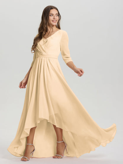 Flowy 3/4 Sleeves V-Neck Asymmetrical High Low Chiffon Bridesmaid Dress