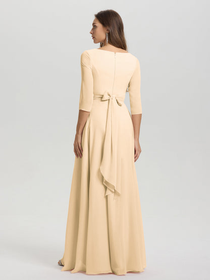 Flowy 3/4 Sleeves V-Neck Asymmetrical High Low Chiffon Bridesmaid Dress