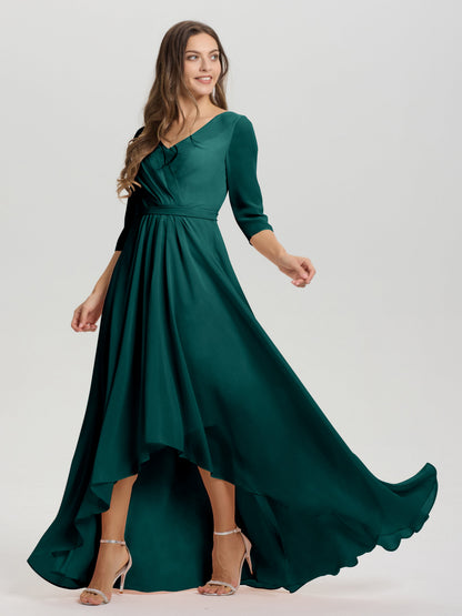 Flowy 3/4 Sleeves V-Neck Asymmetrical High Low Chiffon Bridesmaid Dress