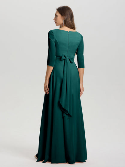 Flowy 3/4 Sleeves V-Neck Asymmetrical High Low Chiffon Bridesmaid Dress