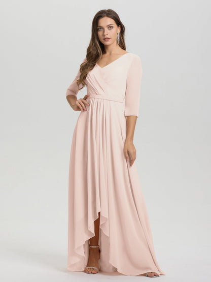 Flowy 3/4 Sleeves V-Neck Asymmetrical High Low Chiffon Bridesmaid Dress