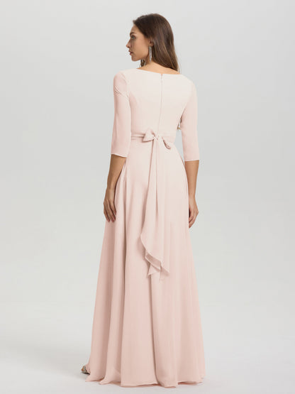 Flowy 3/4 Sleeves V-Neck Asymmetrical High Low Chiffon Bridesmaid Dress