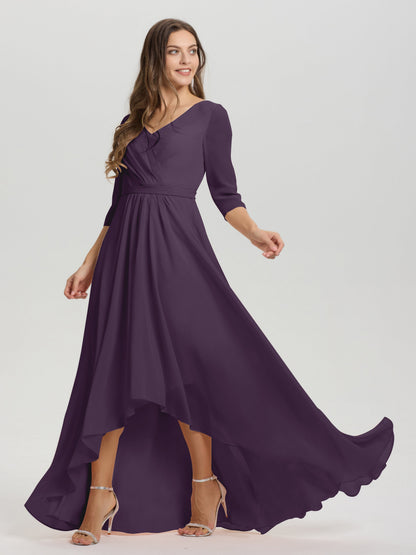 Flowy 3/4 Sleeves V-Neck Asymmetrical High Low Chiffon Bridesmaid Dress