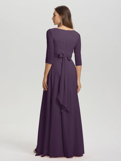 Flowy 3/4 Sleeves V-Neck Asymmetrical High Low Chiffon Bridesmaid Dress
