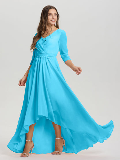 Flowy 3/4 Sleeves V-Neck Asymmetrical High Low Chiffon Bridesmaid Dress