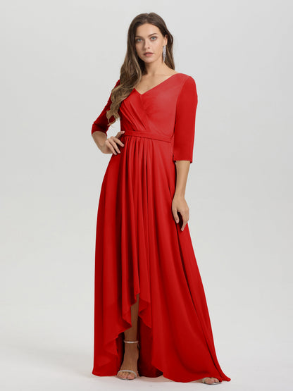 Flowy 3/4 Sleeves V-Neck Asymmetrical High Low Chiffon Bridesmaid Dress