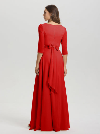 Flowy 3/4 Sleeves V-Neck Asymmetrical High Low Chiffon Bridesmaid Dress