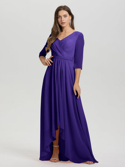 Flowy 3/4 Sleeves V-Neck Asymmetrical High Low Chiffon Bridesmaid Dress