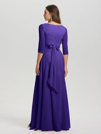 Flowy 3/4 Sleeves V-Neck Asymmetrical High Low Chiffon Bridesmaid Dress