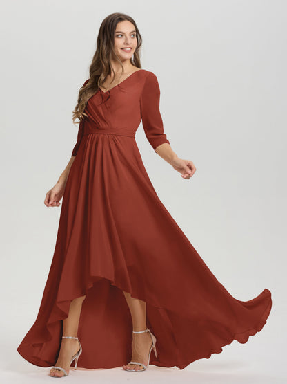 Flowy 3/4 Sleeves V-Neck Asymmetrical High Low Chiffon Bridesmaid Dress