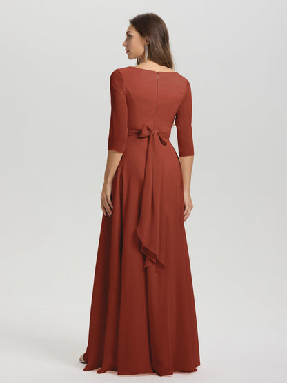 Flowy 3/4 Sleeves V-Neck Asymmetrical High Low Chiffon Bridesmaid Dress