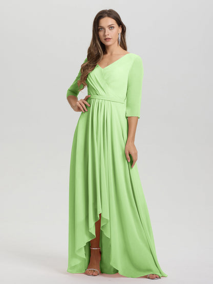 Flowy 3/4 Sleeves V-Neck Asymmetrical High Low Chiffon Bridesmaid Dress