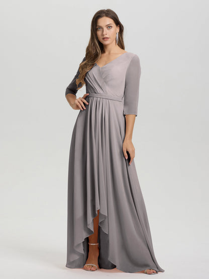 Flowy 3/4 Sleeves V-Neck Asymmetrical High Low Chiffon Bridesmaid Dress