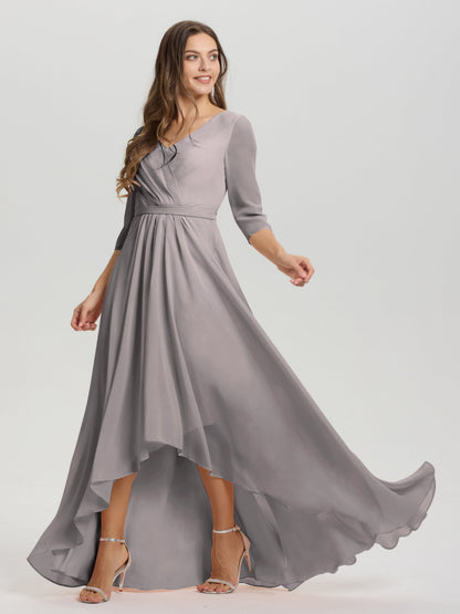 Flowy 3/4 Sleeves V-Neck Asymmetrical High Low Chiffon Bridesmaid Dress