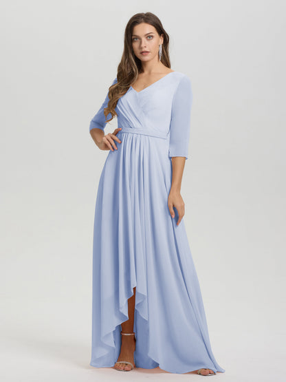 Flowy 3/4 Sleeves V-Neck Asymmetrical High Low Chiffon Bridesmaid Dress