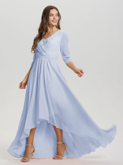 Flowy 3/4 Sleeves V-Neck Asymmetrical High Low Chiffon Bridesmaid Dress