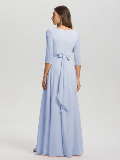 Flowy 3/4 Sleeves V-Neck Asymmetrical High Low Chiffon Bridesmaid Dress