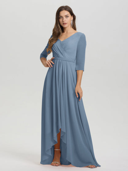 Flowy 3/4 Sleeves V-Neck Asymmetrical High Low Chiffon Bridesmaid Dress