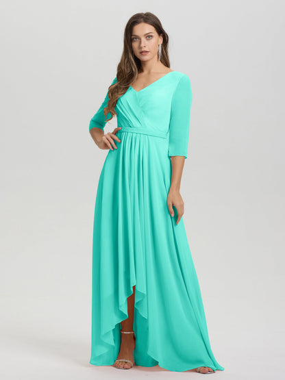 Flowy 3/4 Sleeves V-Neck Asymmetrical High Low Chiffon Bridesmaid Dress