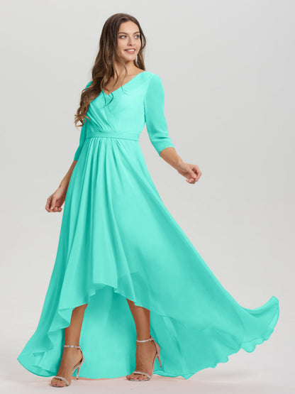 Flowy 3/4 Sleeves V-Neck Asymmetrical High Low Chiffon Bridesmaid Dress
