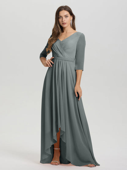 Flowy 3/4 Sleeves V-Neck Asymmetrical High Low Chiffon Bridesmaid Dress