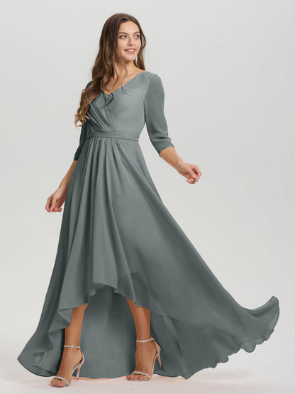 Flowy 3/4 Sleeves V-Neck Asymmetrical High Low Chiffon Bridesmaid Dress