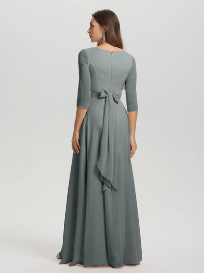 Flowy 3/4 Sleeves V-Neck Asymmetrical High Low Chiffon Bridesmaid Dress