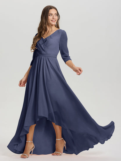 Flowy 3/4 Sleeves V-Neck Asymmetrical High Low Chiffon Bridesmaid Dress