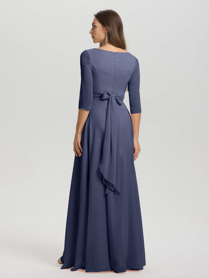 Flowy 3/4 Sleeves V-Neck Asymmetrical High Low Chiffon Bridesmaid Dress