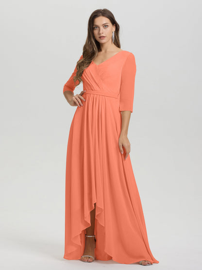 Flowy 3/4 Sleeves V-Neck Asymmetrical High Low Chiffon Bridesmaid Dress