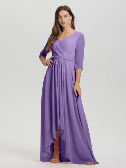 Flowy 3/4 Sleeves V-Neck Asymmetrical High Low Chiffon Bridesmaid Dress