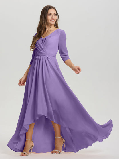 Flowy 3/4 Sleeves V-Neck Asymmetrical High Low Chiffon Bridesmaid Dress