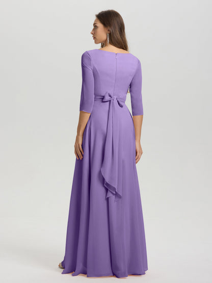 Flowy 3/4 Sleeves V-Neck Asymmetrical High Low Chiffon Bridesmaid Dress