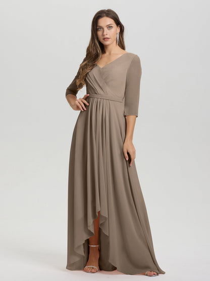 Flowy 3/4 Sleeves V-Neck Asymmetrical High Low Chiffon Bridesmaid Dress