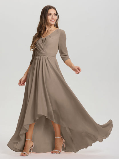 Flowy 3/4 Sleeves V-Neck Asymmetrical High Low Chiffon Bridesmaid Dress