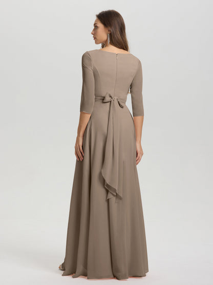 Flowy 3/4 Sleeves V-Neck Asymmetrical High Low Chiffon Bridesmaid Dress