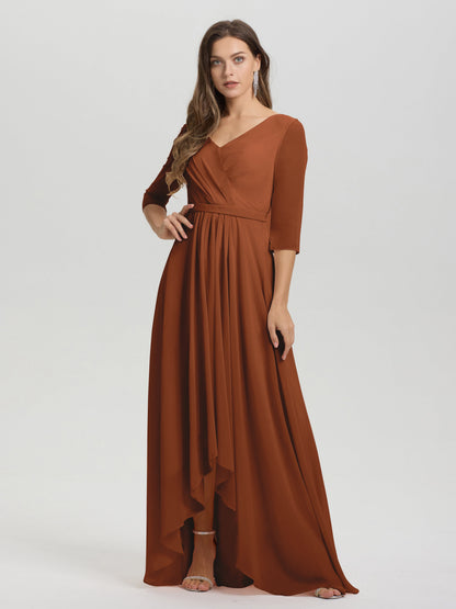 Flowy 3/4 Sleeves V-Neck Asymmetrical High Low Chiffon Bridesmaid Dress