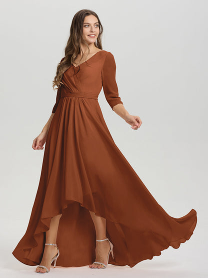 Flowy 3/4 Sleeves V-Neck Asymmetrical High Low Chiffon Bridesmaid Dress