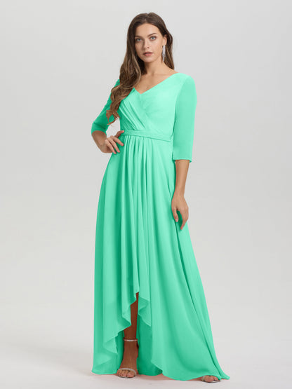 Flowy 3/4 Sleeves V-Neck Asymmetrical High Low Chiffon Bridesmaid Dress