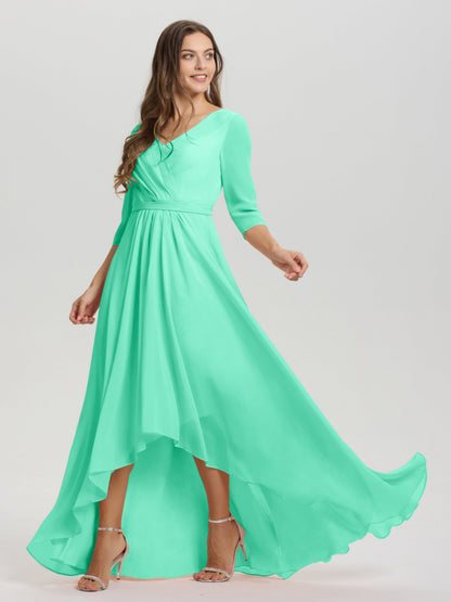 Flowy 3/4 Sleeves V-Neck Asymmetrical High Low Chiffon Bridesmaid Dress