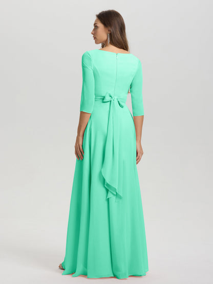 Flowy 3/4 Sleeves V-Neck Asymmetrical High Low Chiffon Bridesmaid Dress
